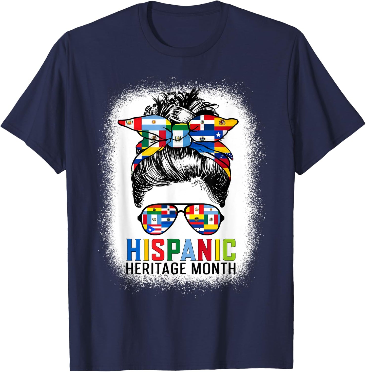 Hispanic Heritage Month Flags - Messy Bun Hispanic Women T-Shirt - T-Shirt | Navy