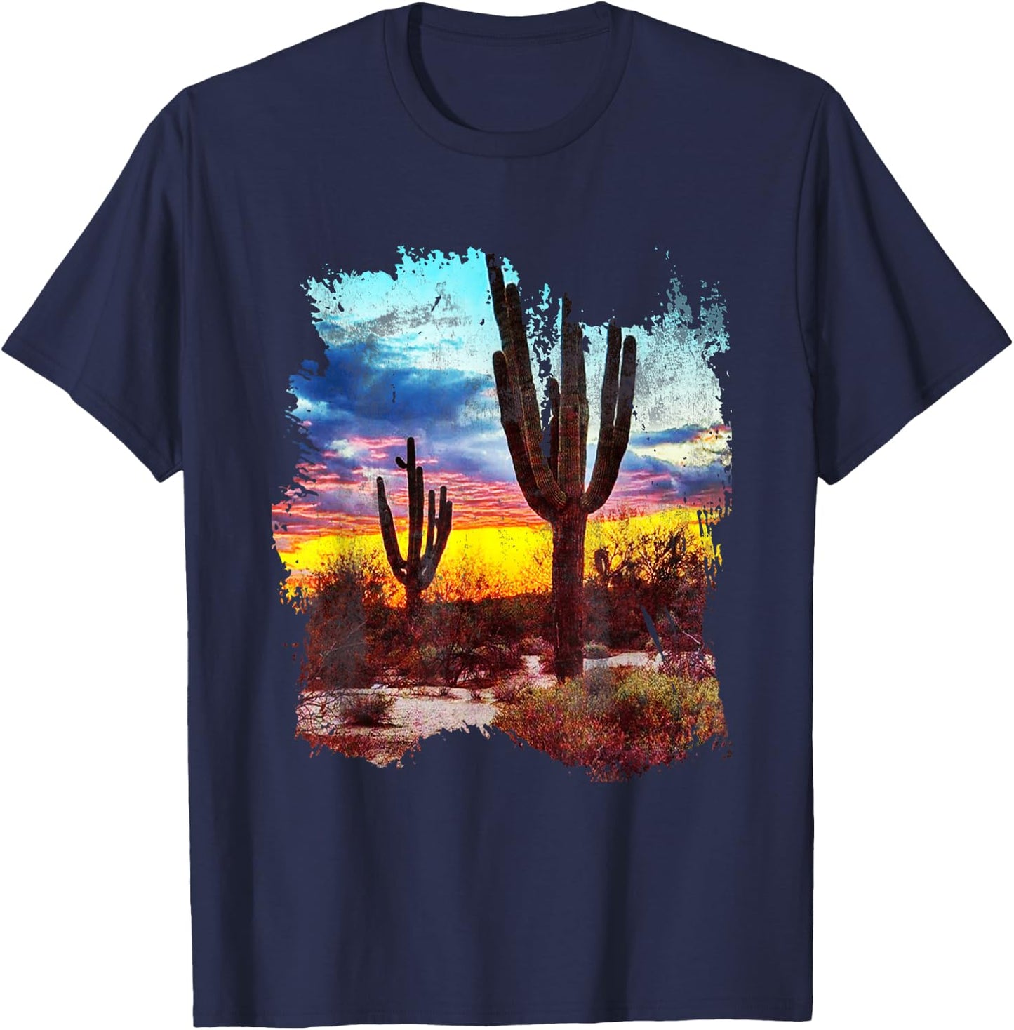 Southwest Desert Cactus Vintage Sunset Scene 80's Western T-Shirt - T-Shirt | Navy