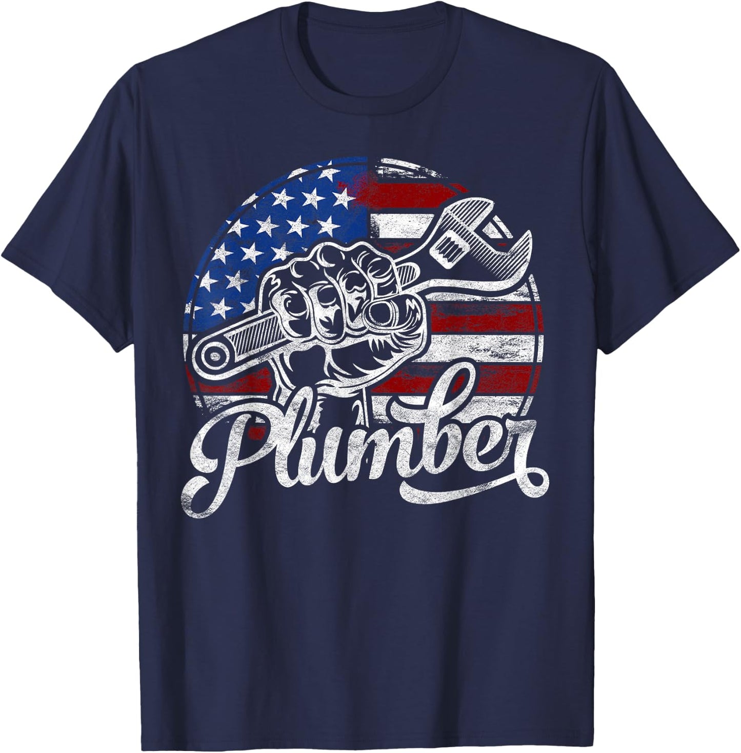 Plumber American Flag Plumbing Gift Pipe Wrench Usa Patriot Kids Men T-Shirt - T-Shirt | Navy