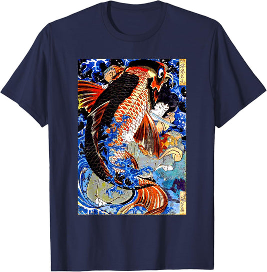 Japanese Art Samurai Aesthetic Koi Fish Graphic Design T-Shirt - T-Shirt | Navy