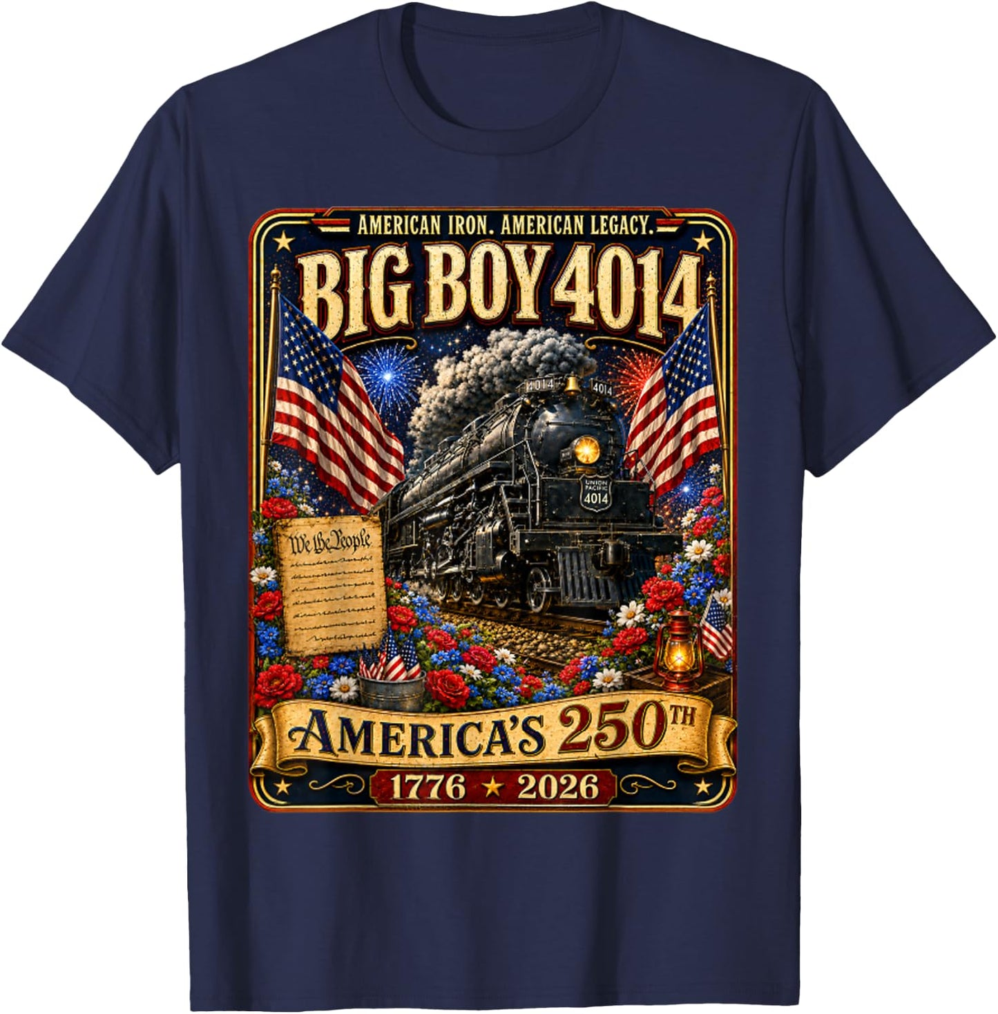 Vintage Big Boy 4014 Train 4th of July Retro US Flag T-Shirt - T-Shirt | Navy