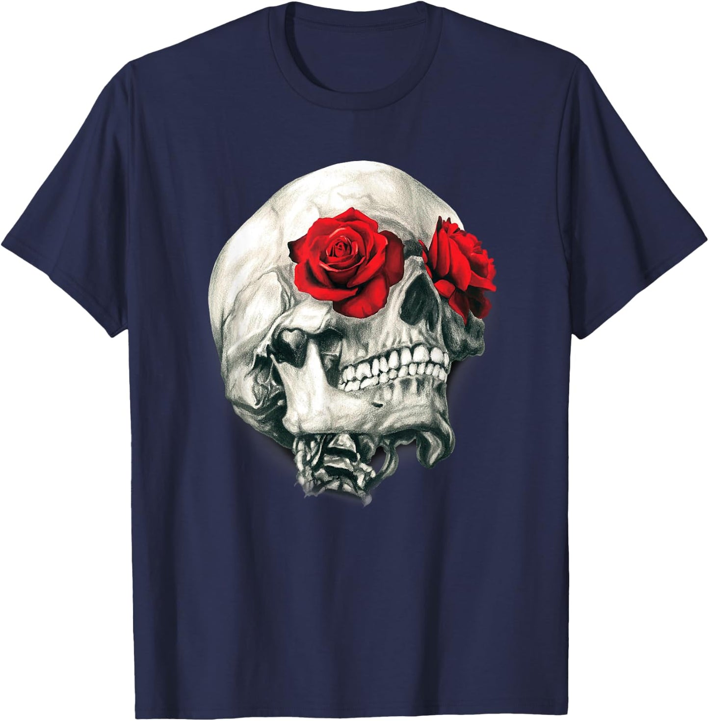 Skull Roses Shirt Cool Skulls Flowers Rockers Gift T-Shirt - T-Shirt | Navy