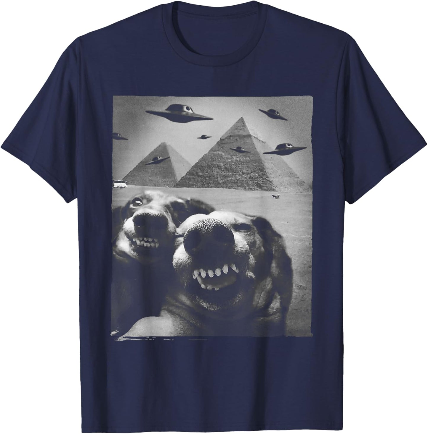 Funny Dog Selfie Alien UFO Invasion Pyramid Egypt Giza Meme T-Shirt - T-Shirt | Navy