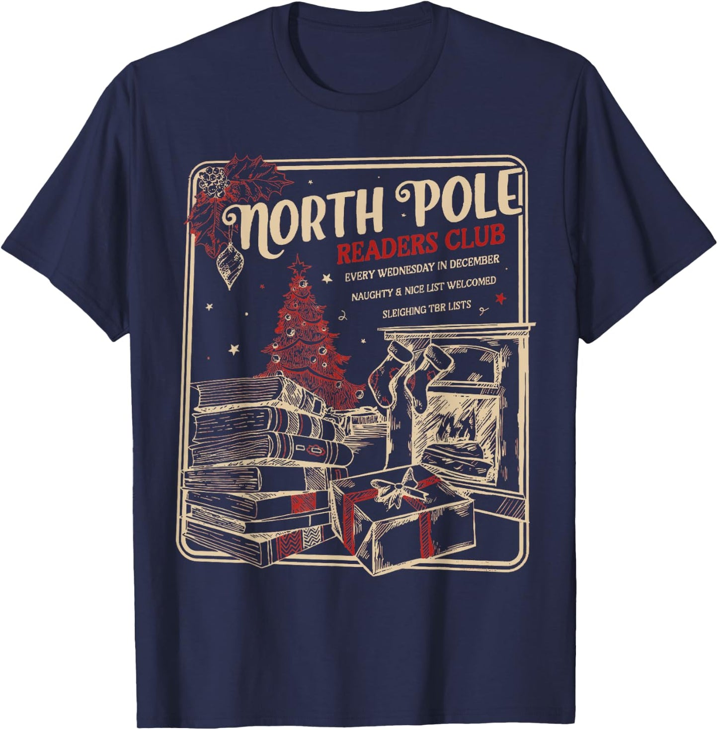 North Pole Readers Club, Bookish Xmas, Santa Book Reading T-Shirt - T-Shirt | Navy