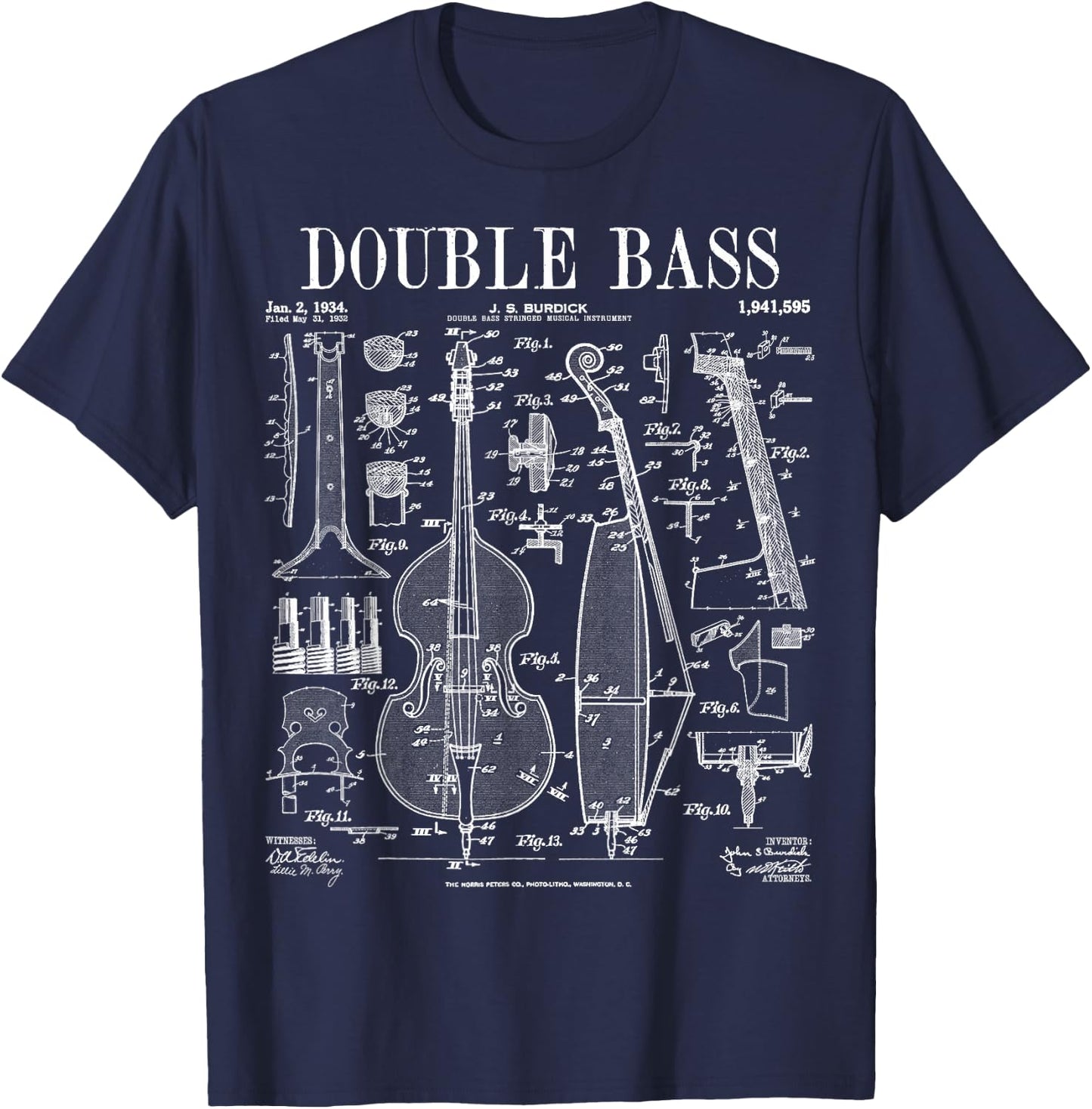 Double Bass Player Bassist Musical Instrument Vintage Patent T-Shirt - T-Shirt | Navy