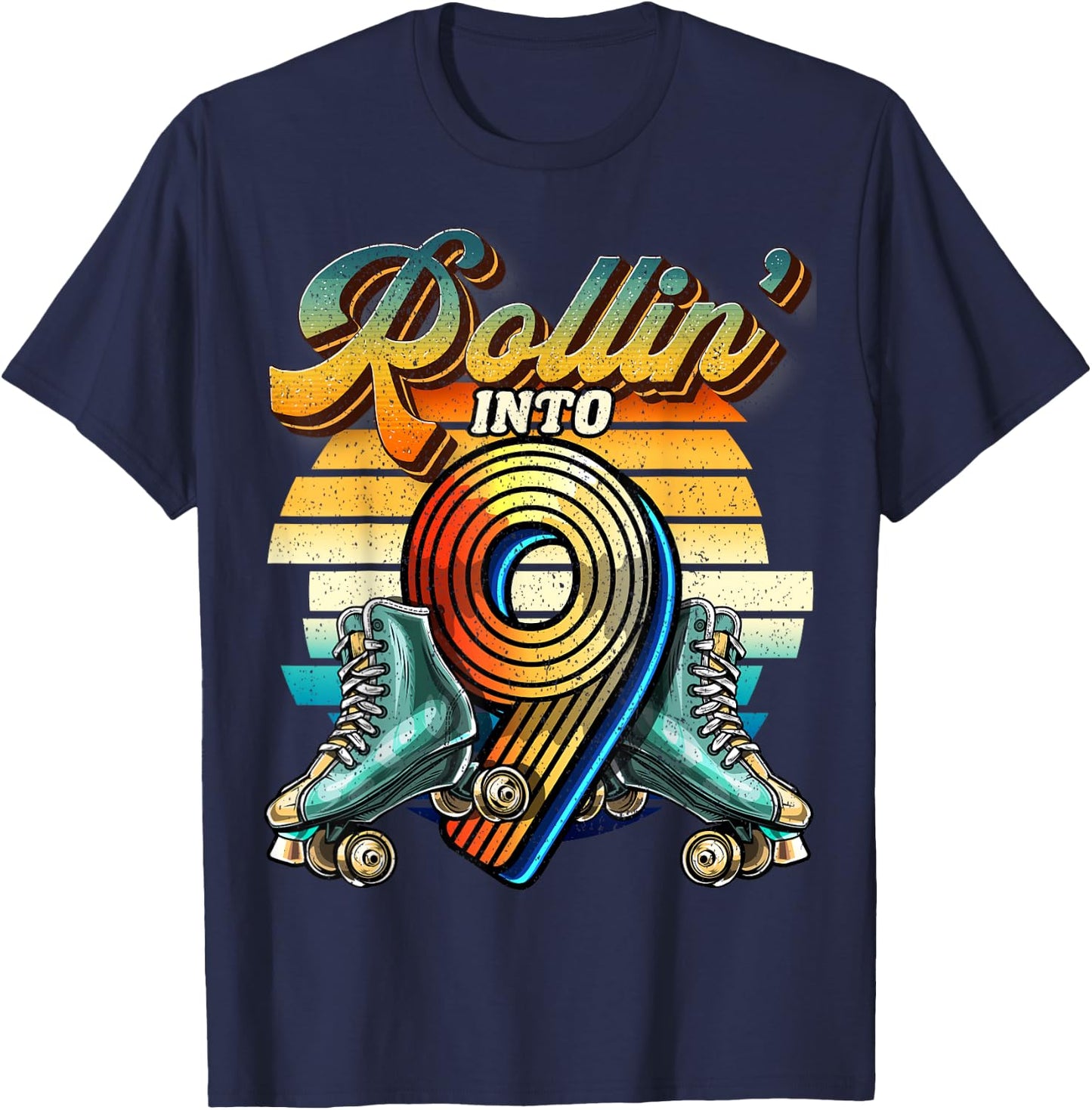 Rollin' into 9 Roller Skating Rink 9th Birthday Party Girls T-Shirt - T-Shirt | Navy
