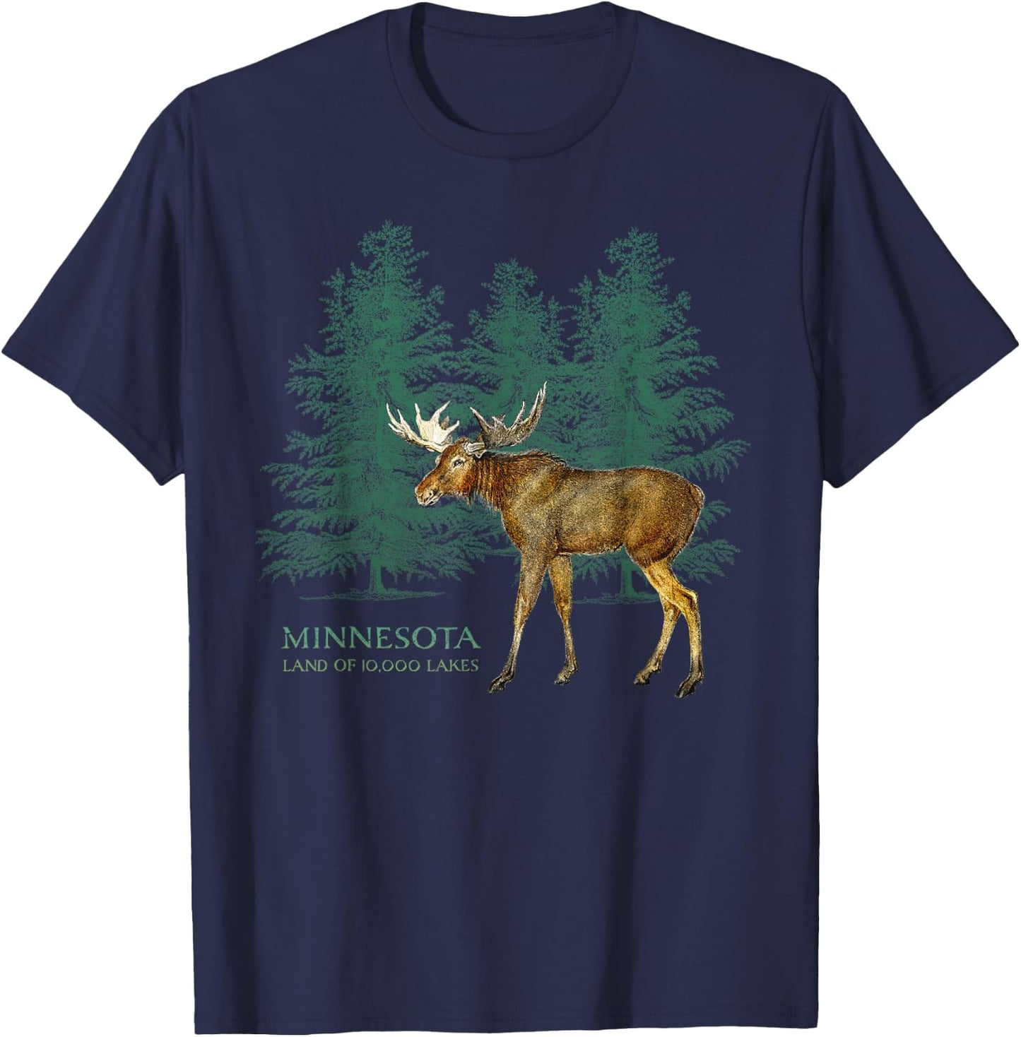 Minnesota Land of 10,000 Lakes Vintage Moose Tree Silhouette T-Shirt - T-Shirt | Navy