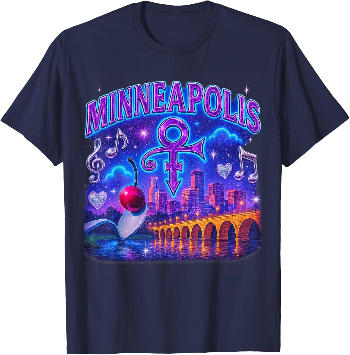 Minneapolis Retro Bootleg Skyline Spoonbridge Artwork T-Shirt - T-Shirt | Navy