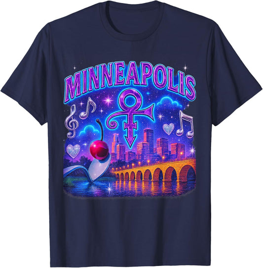 Minneapolis Retro Bootleg Skyline Spoonbridge Artwork T-Shirt - T-Shirt | Navy
