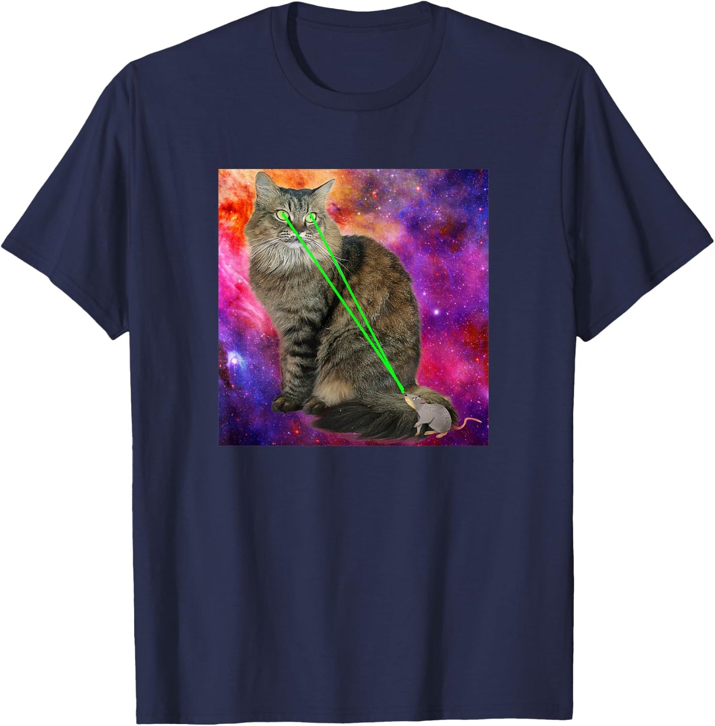Cute Kitty Cat With Laser Beam Eyes Galaxy Background Men Women T-Shirt - T-Shirt | Navy