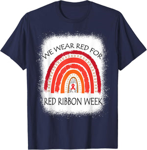 We Wear Red For Red Ribbon Week Awareness Rainbow Bleached T-Shirt - T-Shirt | Navy
