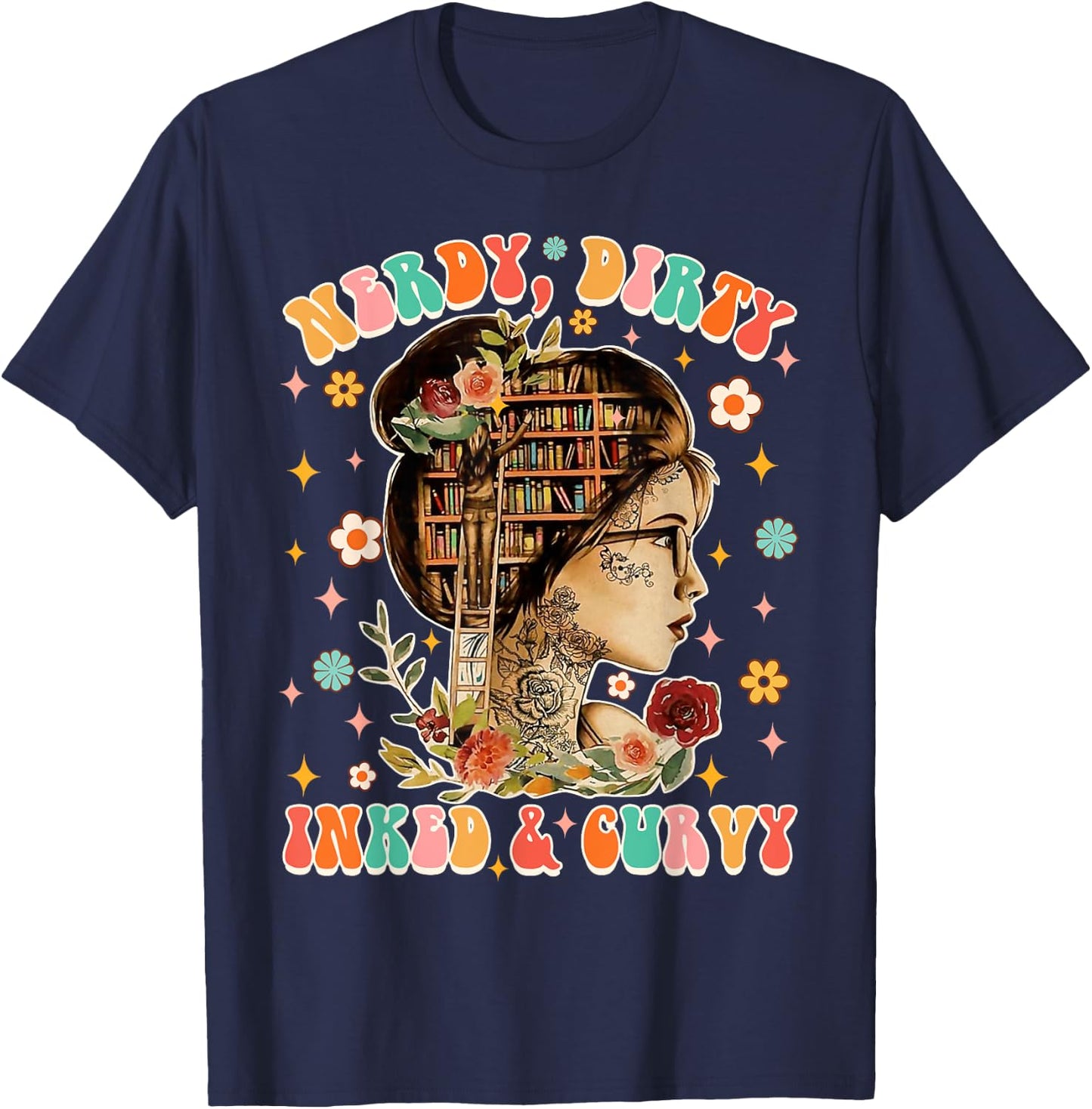 Nerdy Dirty Inked & Curvy Tattoo Lover Reading Book Bookish T-Shirt - T-Shirt | Navy