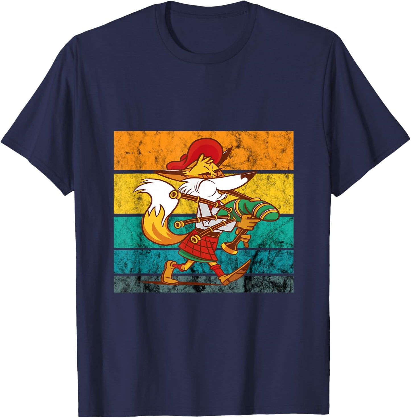 Bagpipe Retro Vintage Irish Fox Scottish Bagpipe Music T-Shirt - T-Shirt | Navy