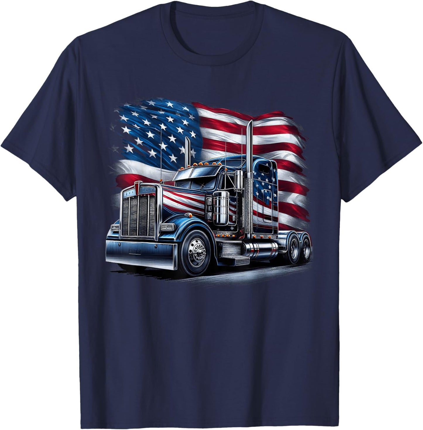 Semi Truck Driver US Trucker USA Flag Patriotic 4th of July T-Shirt - T-Shirt | Navy