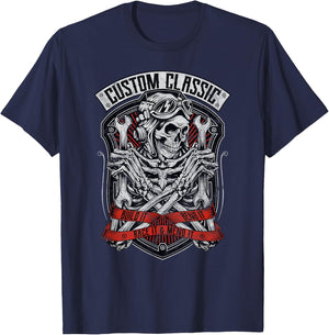 Skeleton Mechanic Design Classic Biker, Speedway, Hot Rod T-Shirt - T-Shirt | Navy