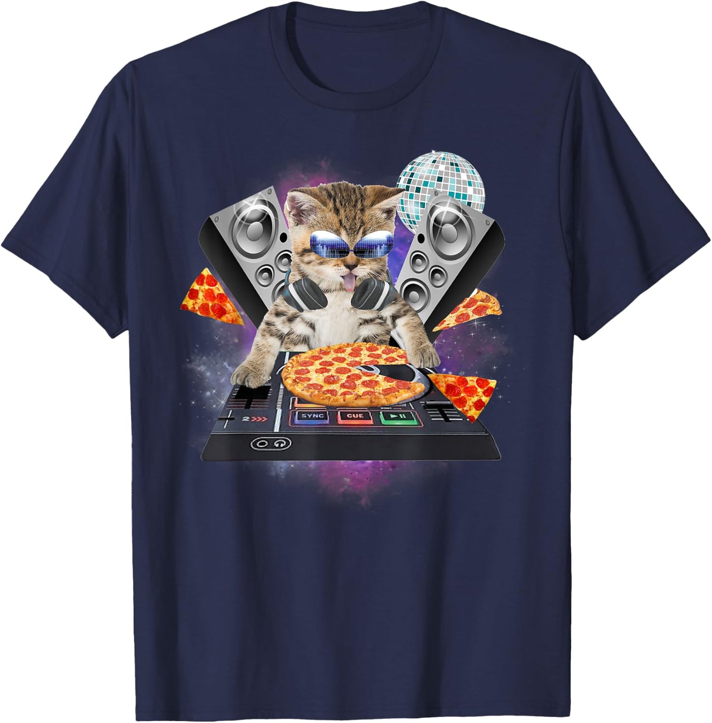 Funny Galaxy DJ Pizza Cat Gift | Space Pizza Kitty Women Kids T-Shirt - T-Shirt | Navy