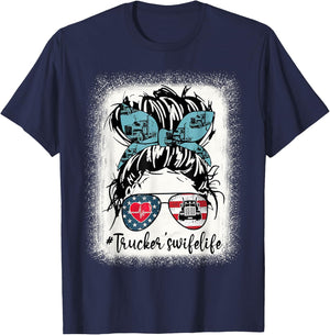 Trucker Wife's Life Bleached Shirt Messy Bun Hair T-Shirt - T-Shirt | Navy