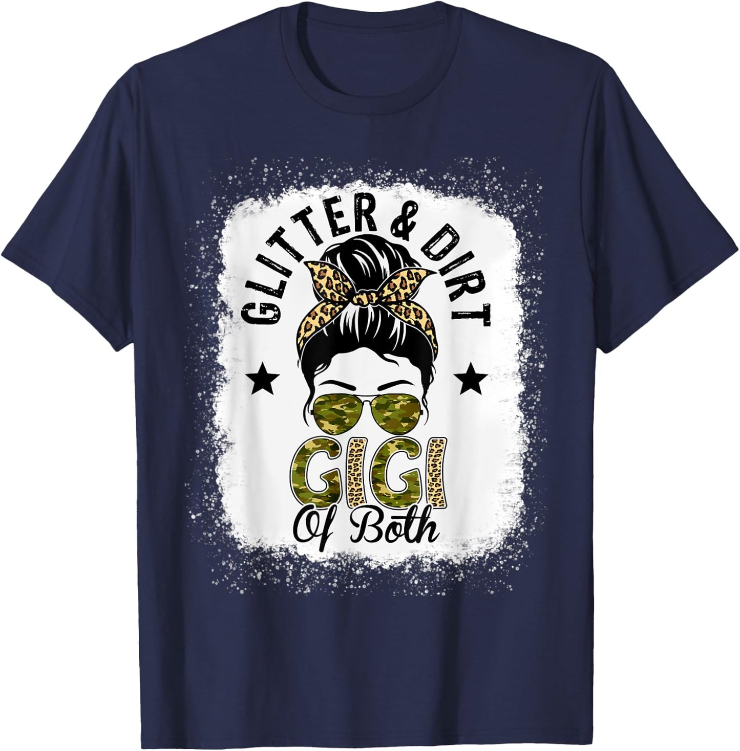 Gigi Of Both Messy Bun Leopard Camo Bleached Mother's Day T-Shirt - T-Shirt | Navy