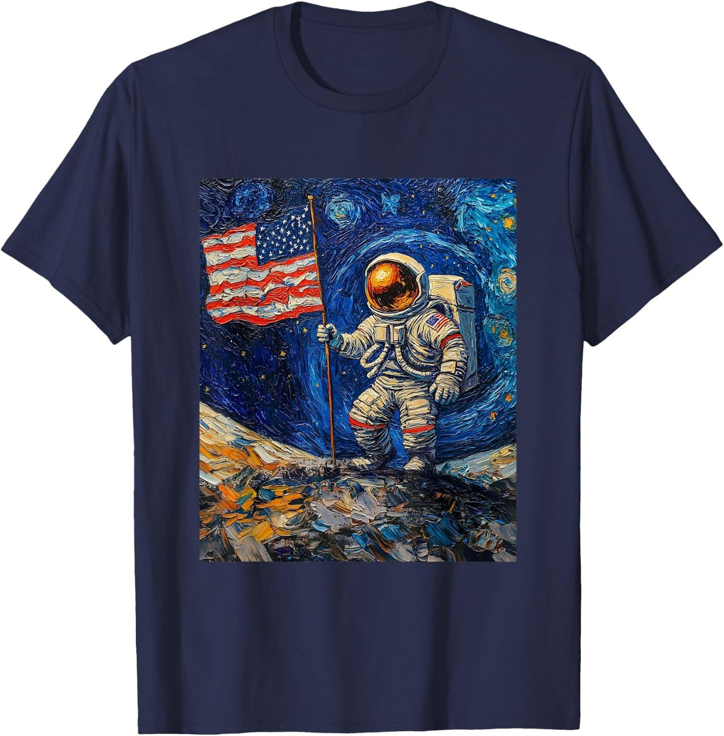 Astronaut on Moon Van Gogh Style Starry Night Graphic T-Shirt - T-Shirt | Navy