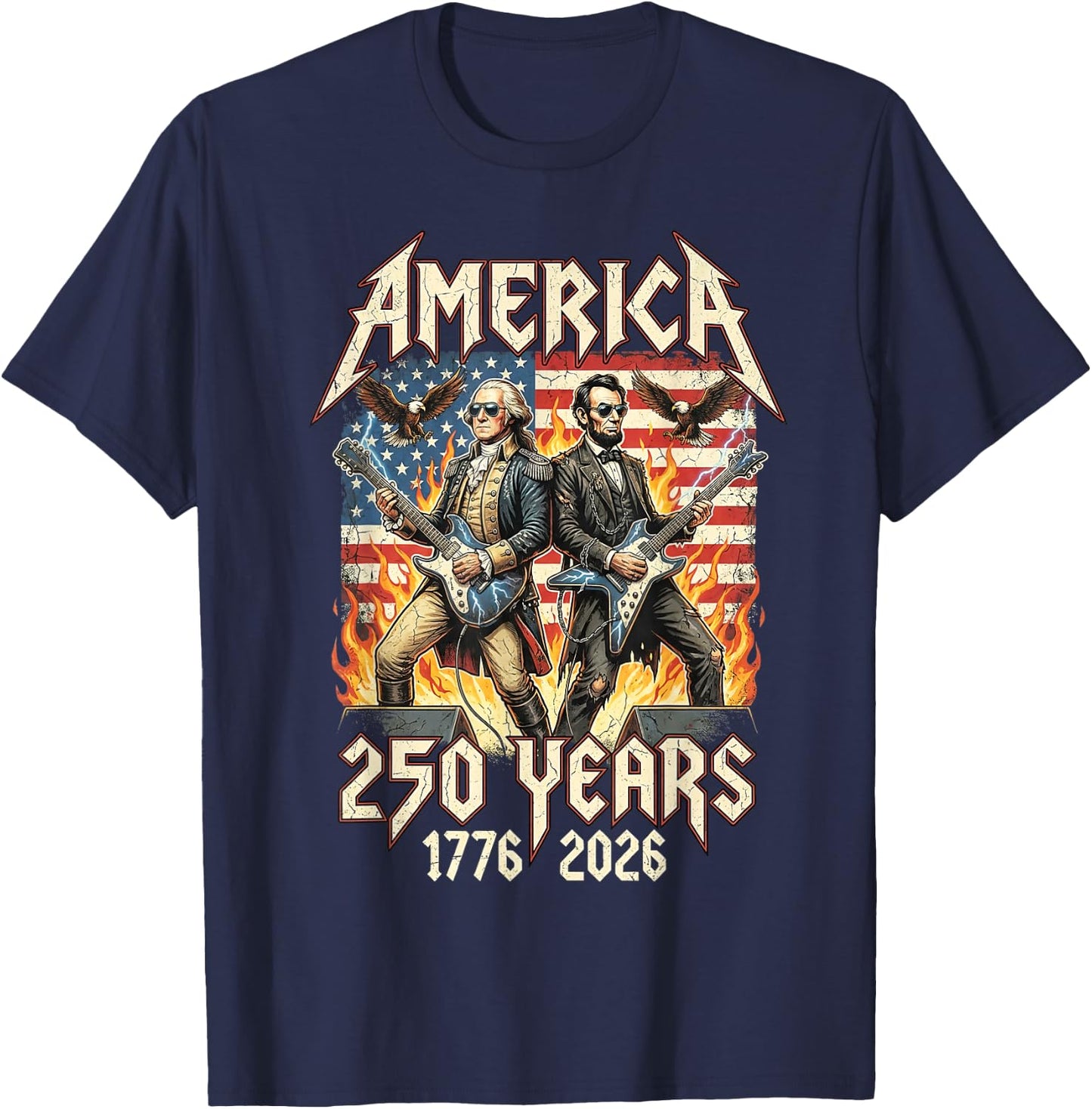 George Washington Abe Lincoln Playing Guitar USA 250 Vintage T-Shirt - T-Shirt | Navy