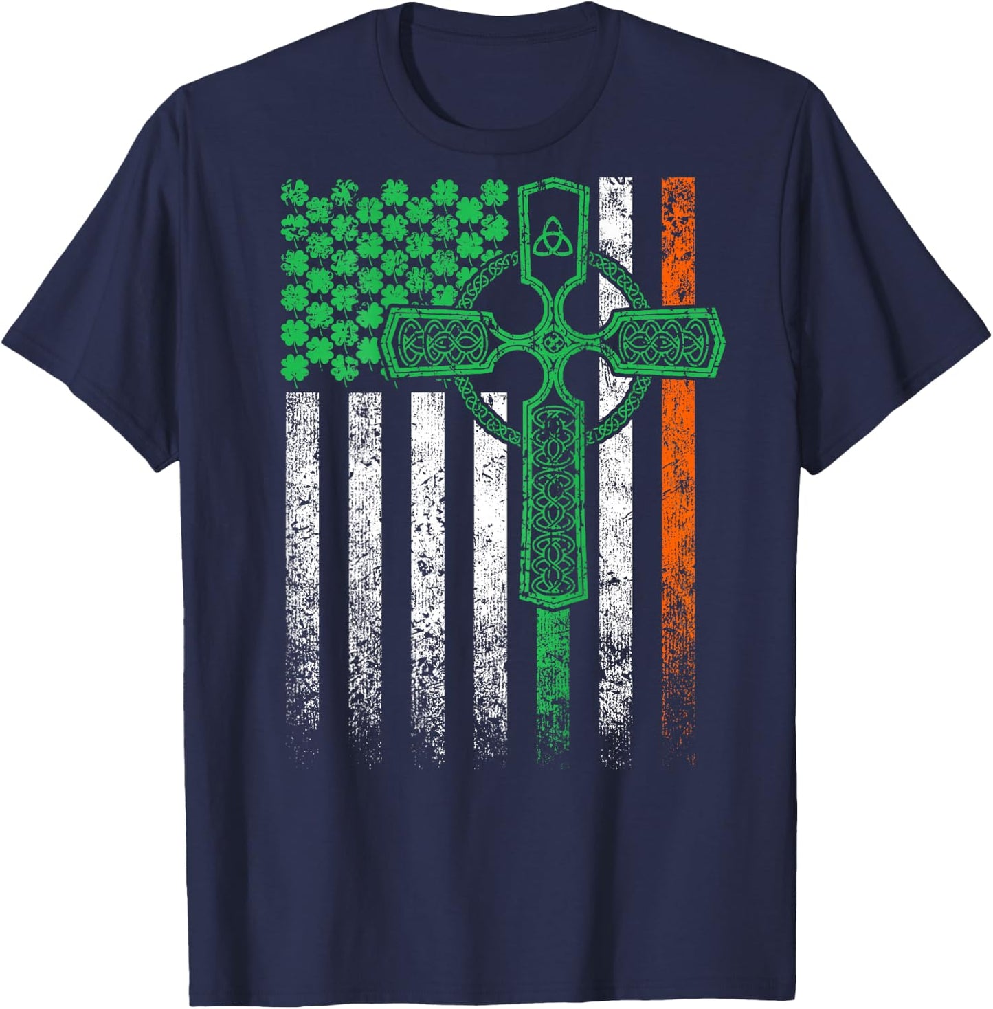 Celtic Cross Irish American Flag St. Patrick's Day on back T-Shirt - T-Shirt | Navy