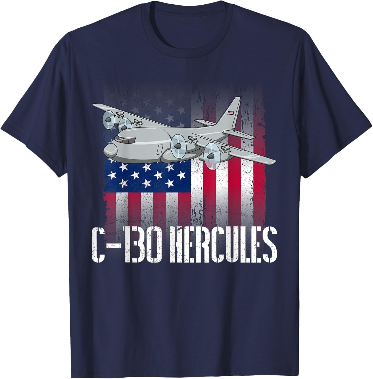 THE SALTY VETERAN C-130 Hercules American Flag Military Airplane - Black, -Adults, Small, Short Sleeve, Modern, Casual, Military, Independence Day, Memorial Day T-Shirt - T-Shirt | Navy