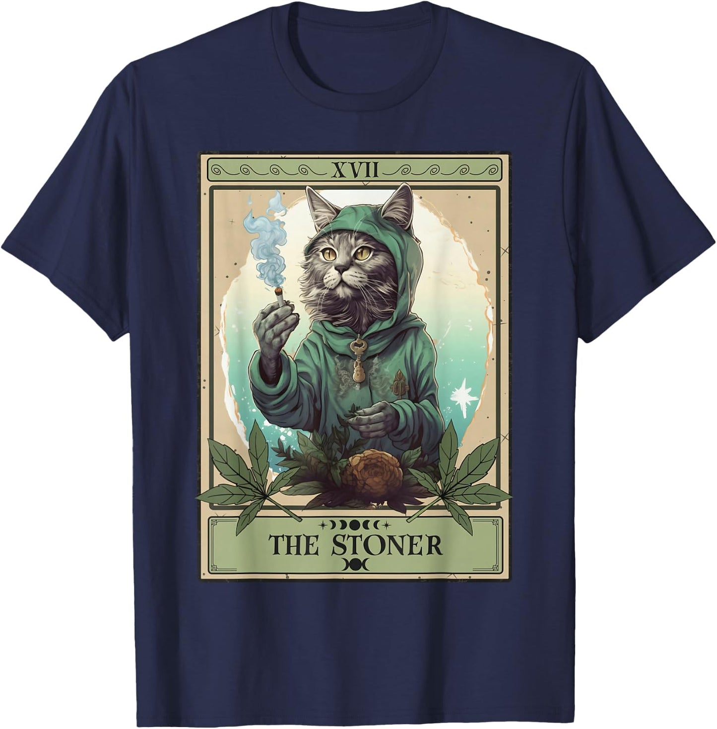 The Stoner Cat Tarot Card | Cannabis Weed Lover Marijuana T-Shirt - T-Shirt | Navy