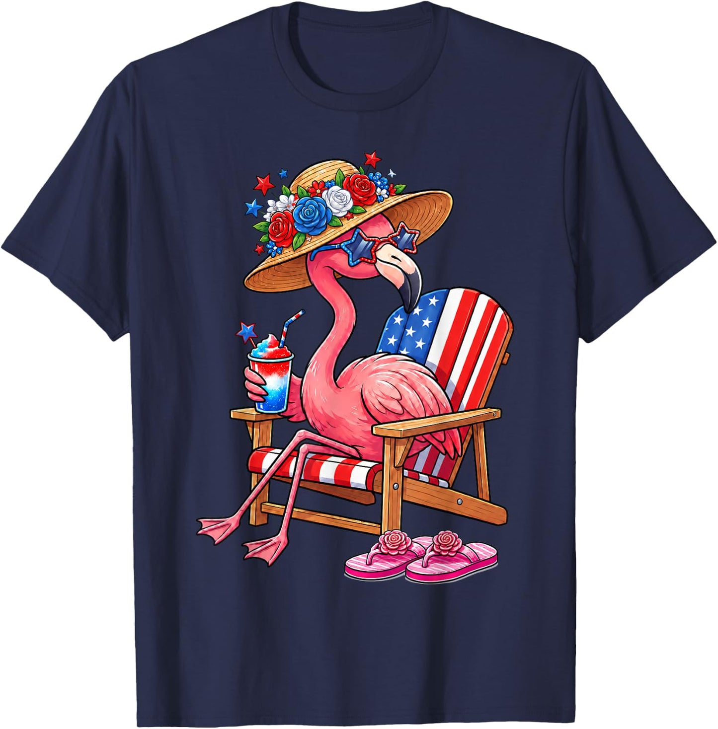 Flamingo Pink Palm Tree Tropical Beach Summer Vacation Women T-Shirt - T-Shirt | Navy