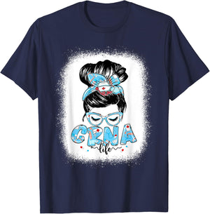 CRNA Life Messy Bun Women Glasses Cute CRNA Gifts T-Shirt - T-Shirt | Navy