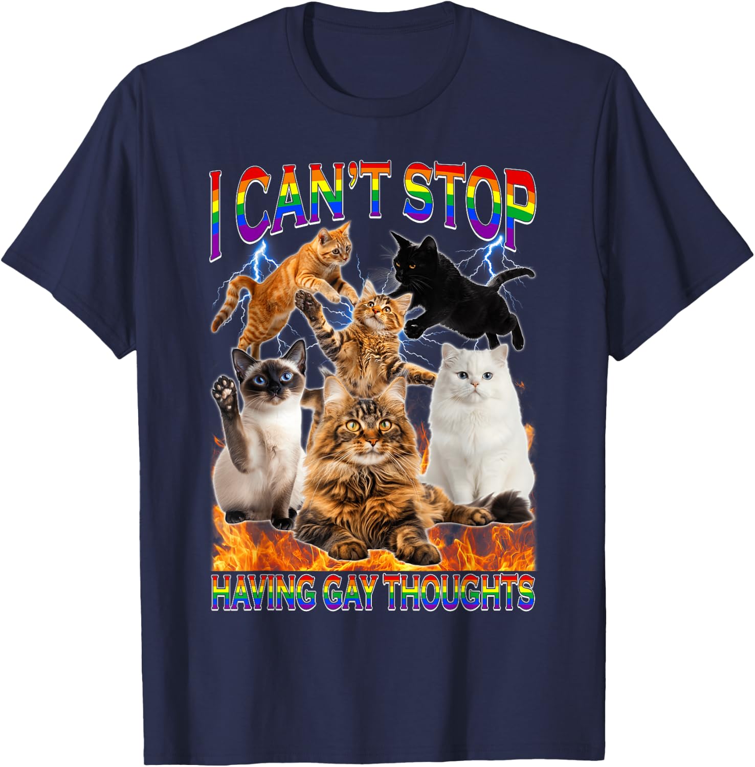I Can't Stop Having Gay Thoughts Funny Cat LGBTQ Pride Month T-Shirt - T-Shirt | Navy
