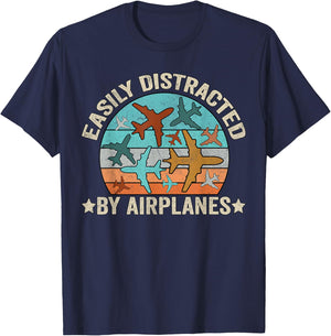Easily Distracted By Airplanes funny airplane aviation pilot T-Shirt - T-Shirt | Navy