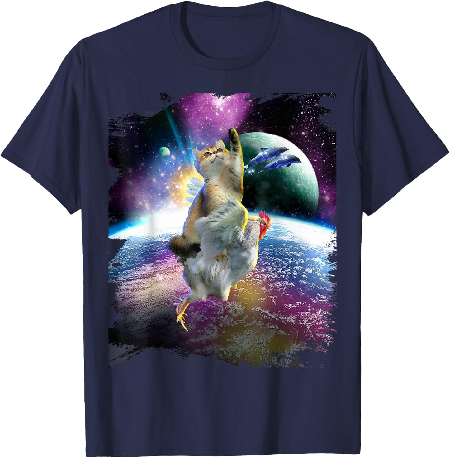 Cat Riding Chicken Space Galaxy Earth T-Shirt - T-Shirt | Navy