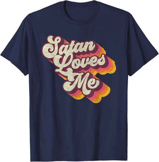 Satan Loves Me - Vintage 70s Satanic Evil Magic Lucifer 666 T-Shirt - T-Shirt | Navy