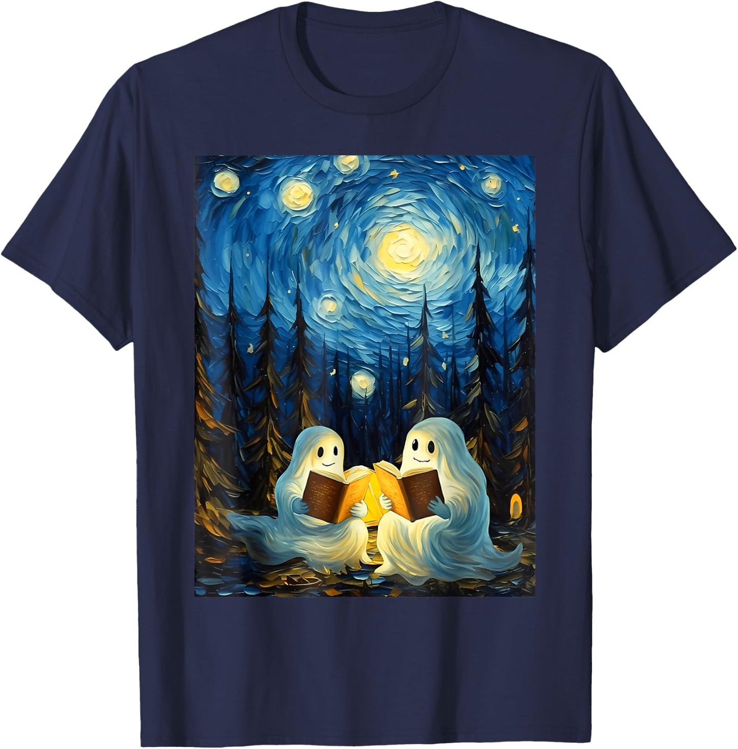 Van Gogh Starry Night Ghost Book Reading Camping Halloween T-Shirt - T-Shirt | Navy