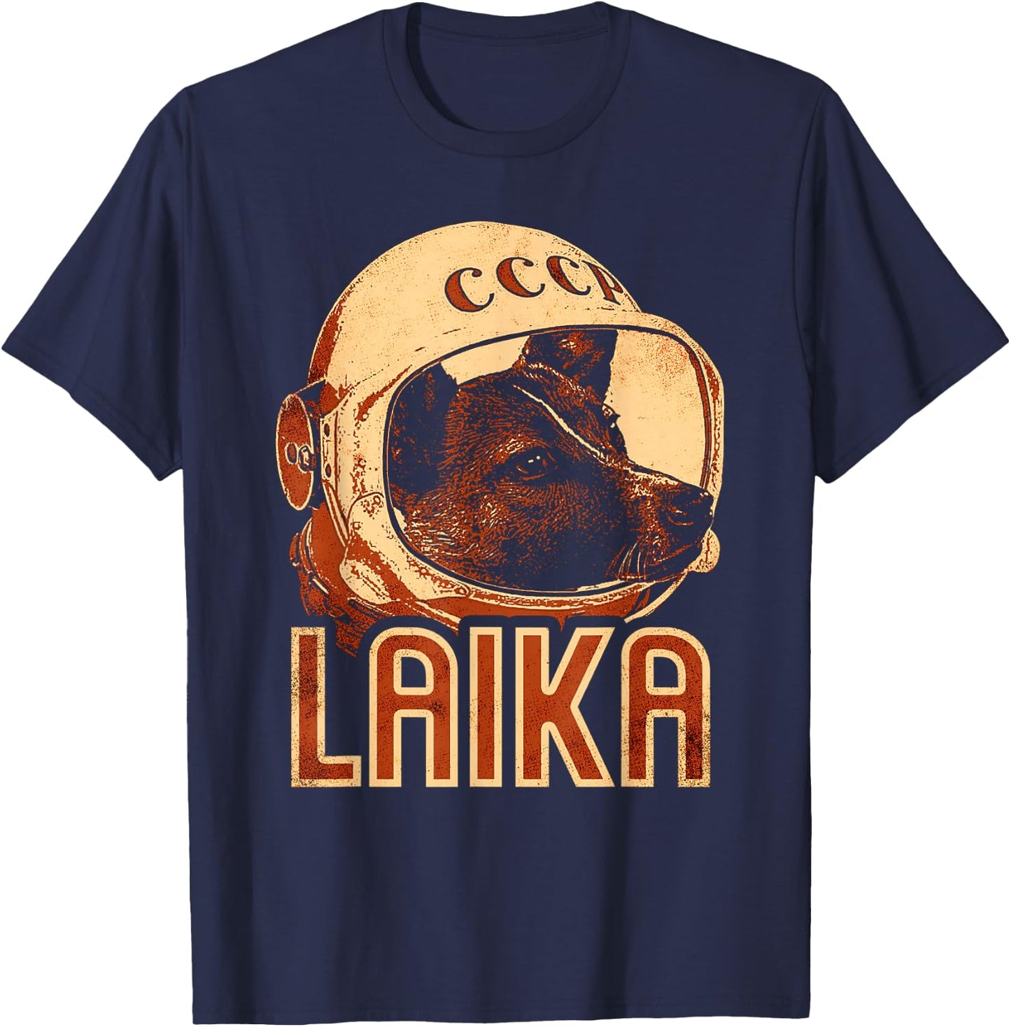 Laika Dog Animal Space Astronaut Soviet Union Cyrillic T-Shirt - T-Shirt | Navy