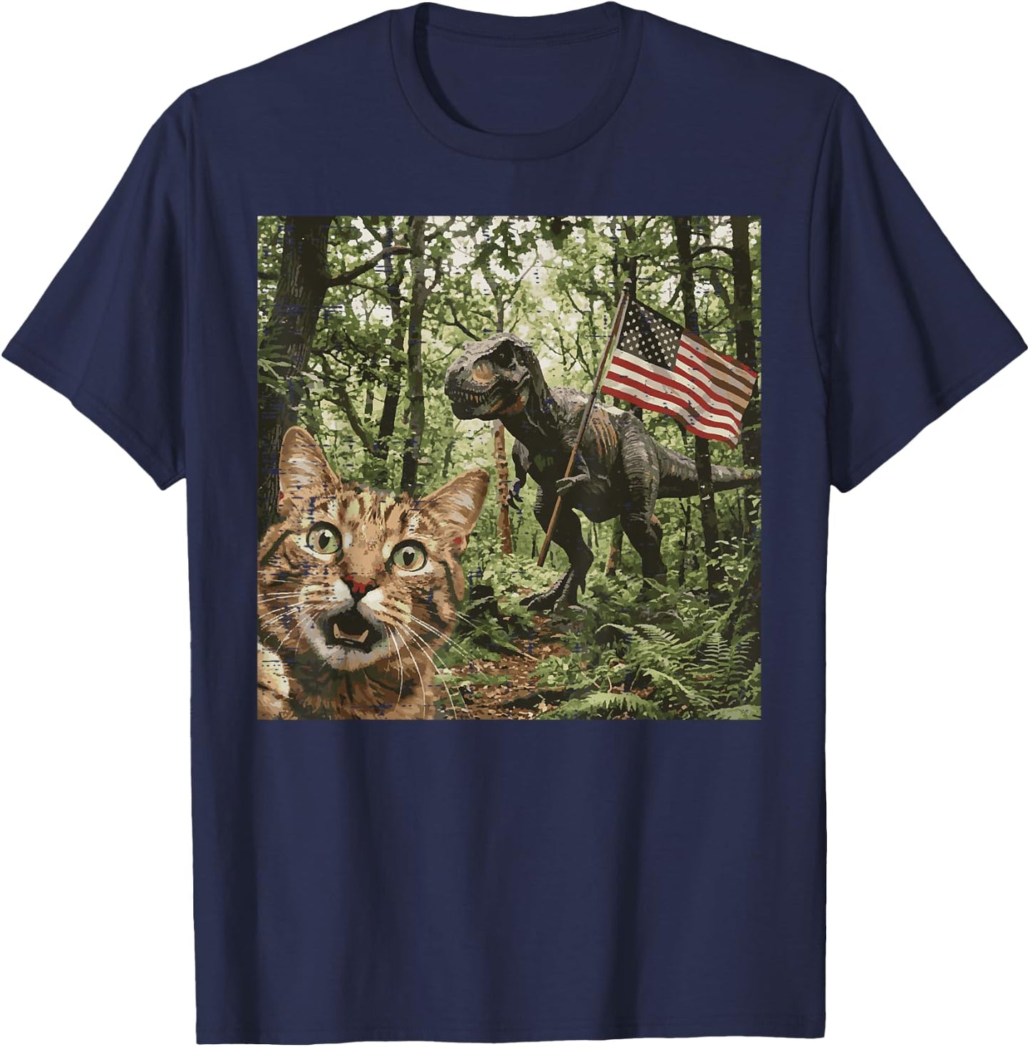 Cat Dino Trex Selfie US Flag Funny 4th of July Men Women Kid T-Shirt - T-Shirt | Navy