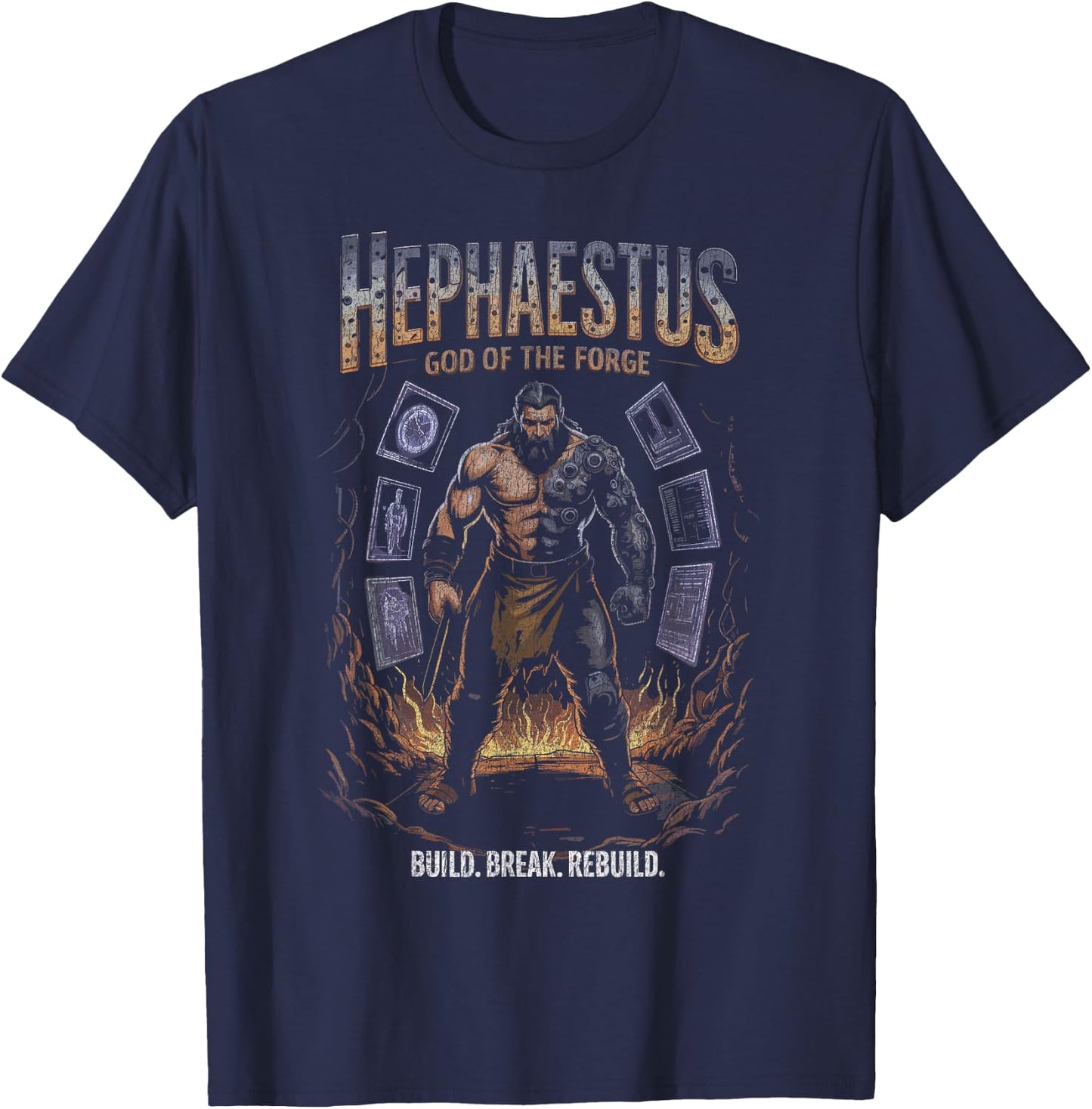 Hephaestus Cyber Arm God of the Forge Build Power Flames T-Shirt - T-Shirt | Navy
