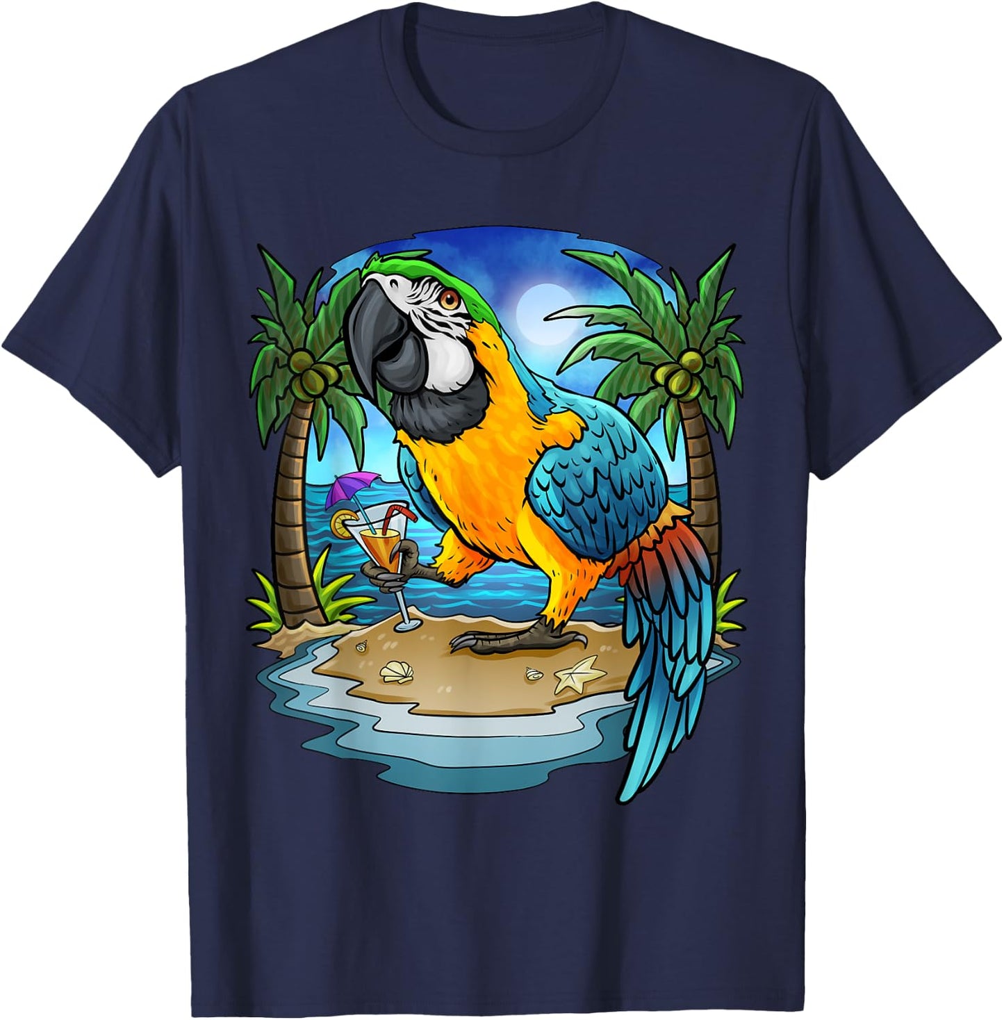 Blue and Gold Macaw Parrot Drinking Margaritas Vacation Bird T-Shirt - T-Shirt | Navy