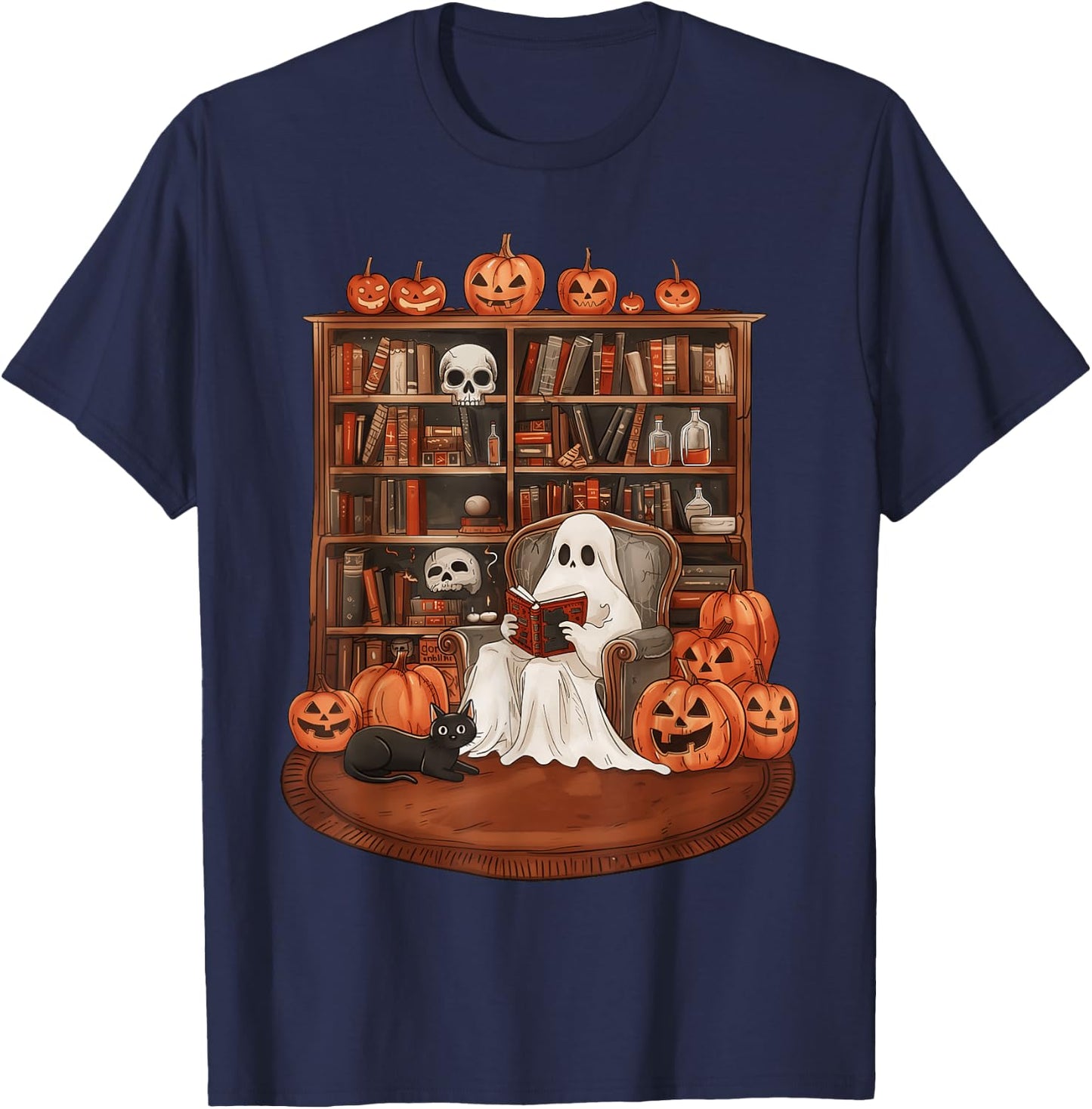 Ghost Book Reading Teacher Halloween Librarian Book Lovers T-Shirt - T-Shirt | Navy