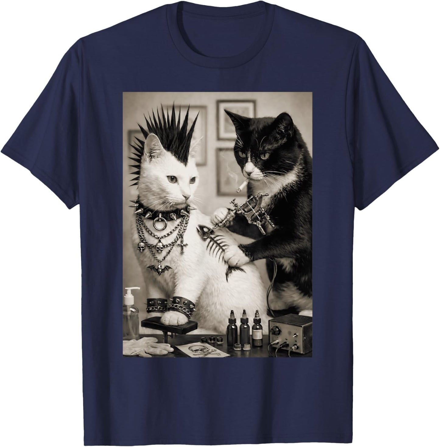 Funny Punk Tattoo Cats Rockabilly Art Meme Humor T-Shirt - T-Shirt | Navy