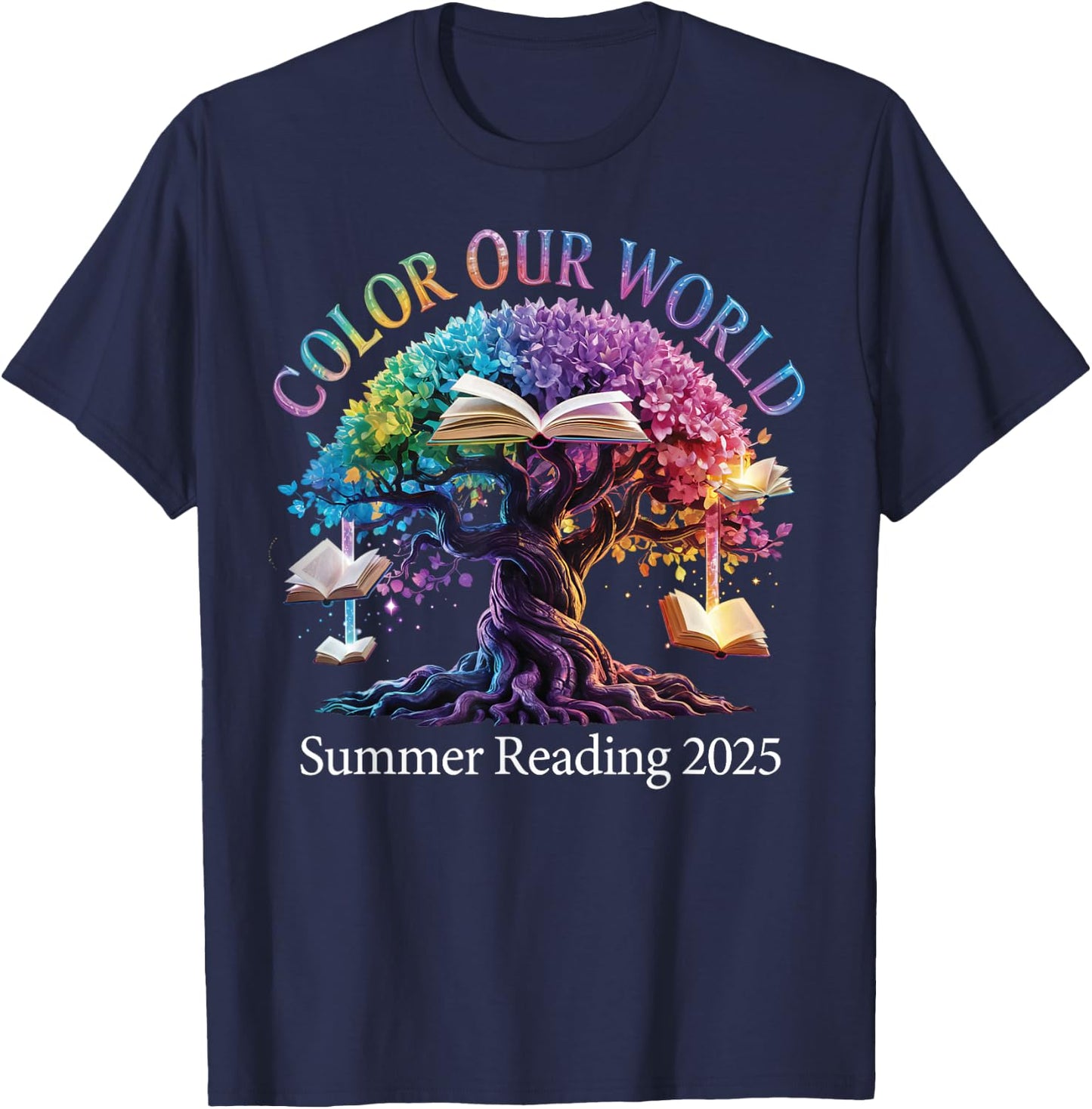 Color Our World Summer Reading 2025 Tree Book Lover T-Shirt - T-Shirt | Navy