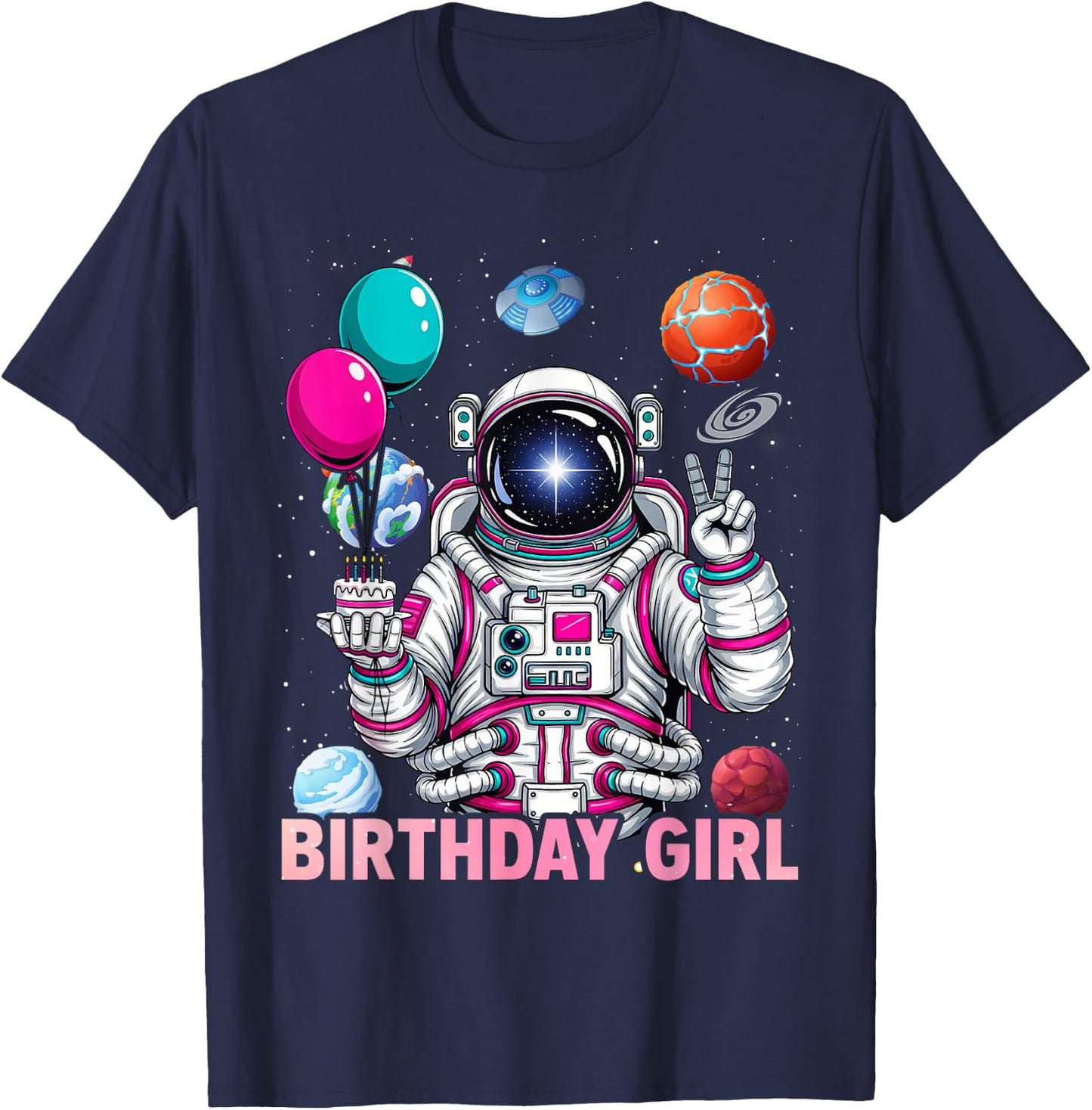 Birthday Girl Astronaut Space Solar System Party Themed T-Shirt - T-Shirt | Navy