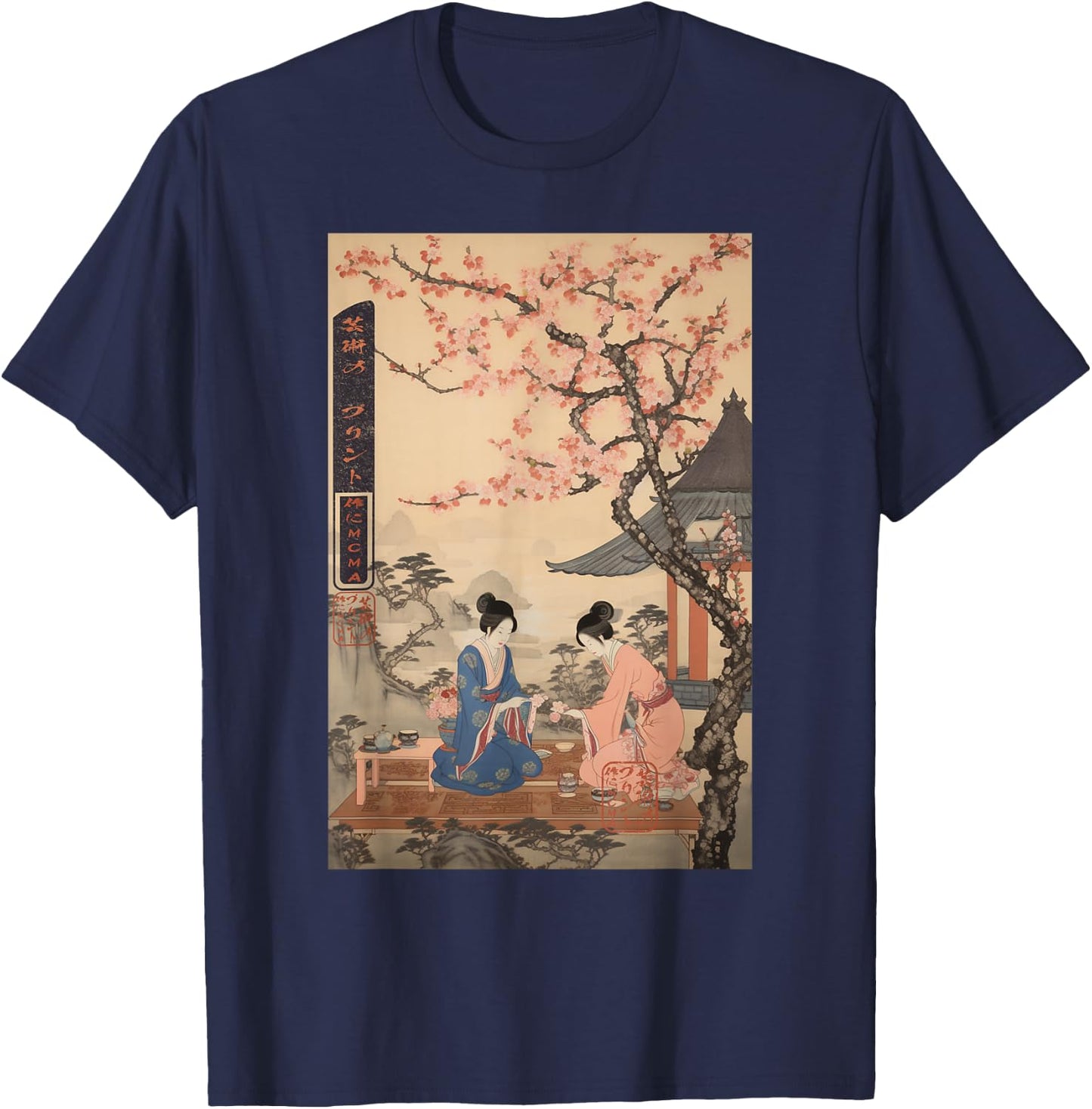 Ukiyo-e Twin Geishas under Sakura Japanese T-Shirt - T-Shirt | Navy