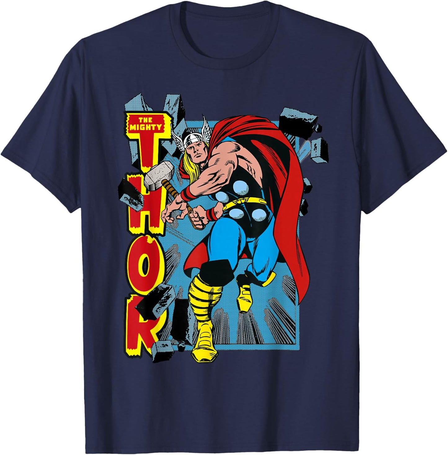 Marvel Classic The Mighty Thor Break Through Poster Style T-Shirt - T-Shirt | Navy