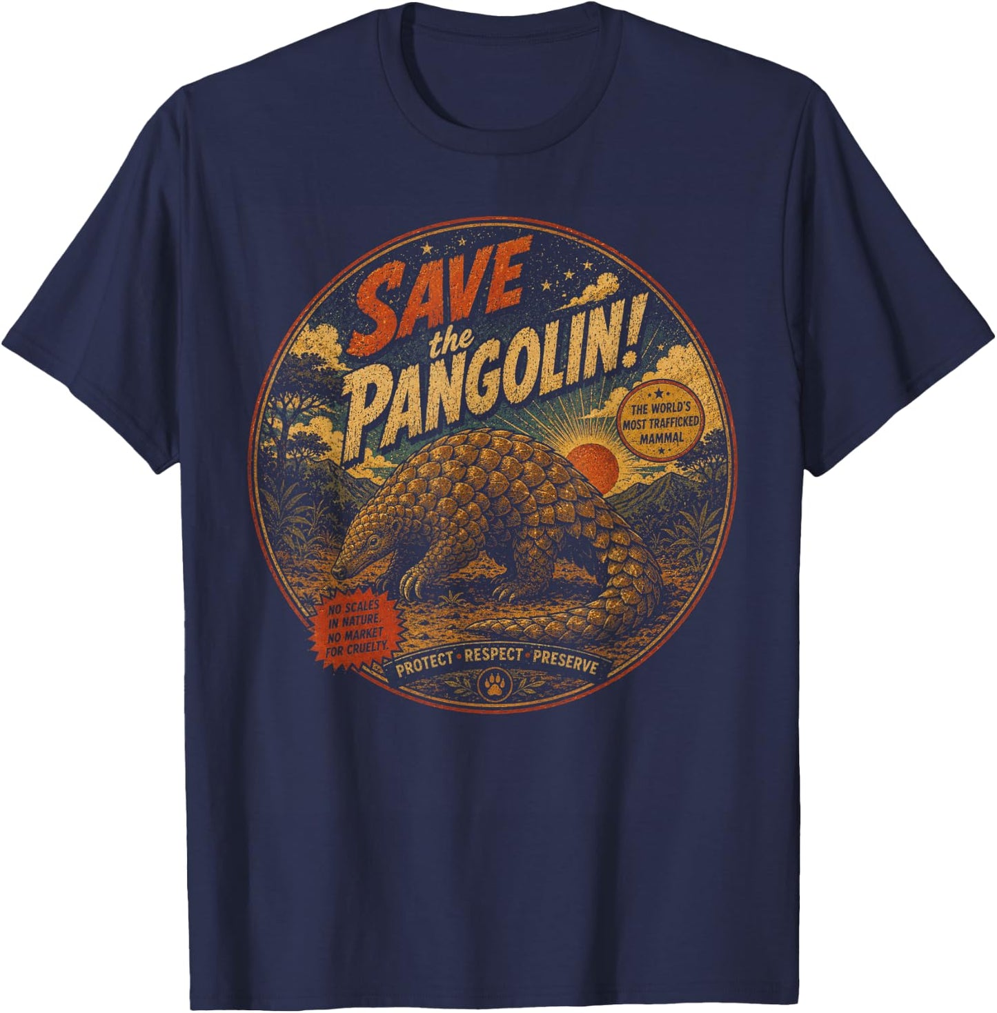 Save the Pangolin Vintage Wildlife Conservation T-Shirt - T-Shirt | Navy