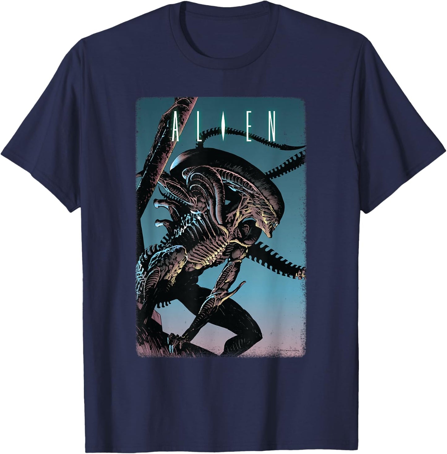 20th Century Fox Alien Xenomorph Illustrated Poster - -Adult, Classic Fit, Short Sleeve, Black T-Shirt - T-Shirt | Navy