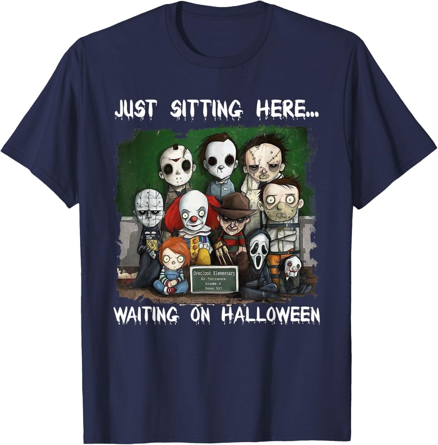Chibi Horror Movie Just Sitting Here Waiting On Halloween T-Shirt - T-Shirt | Navy