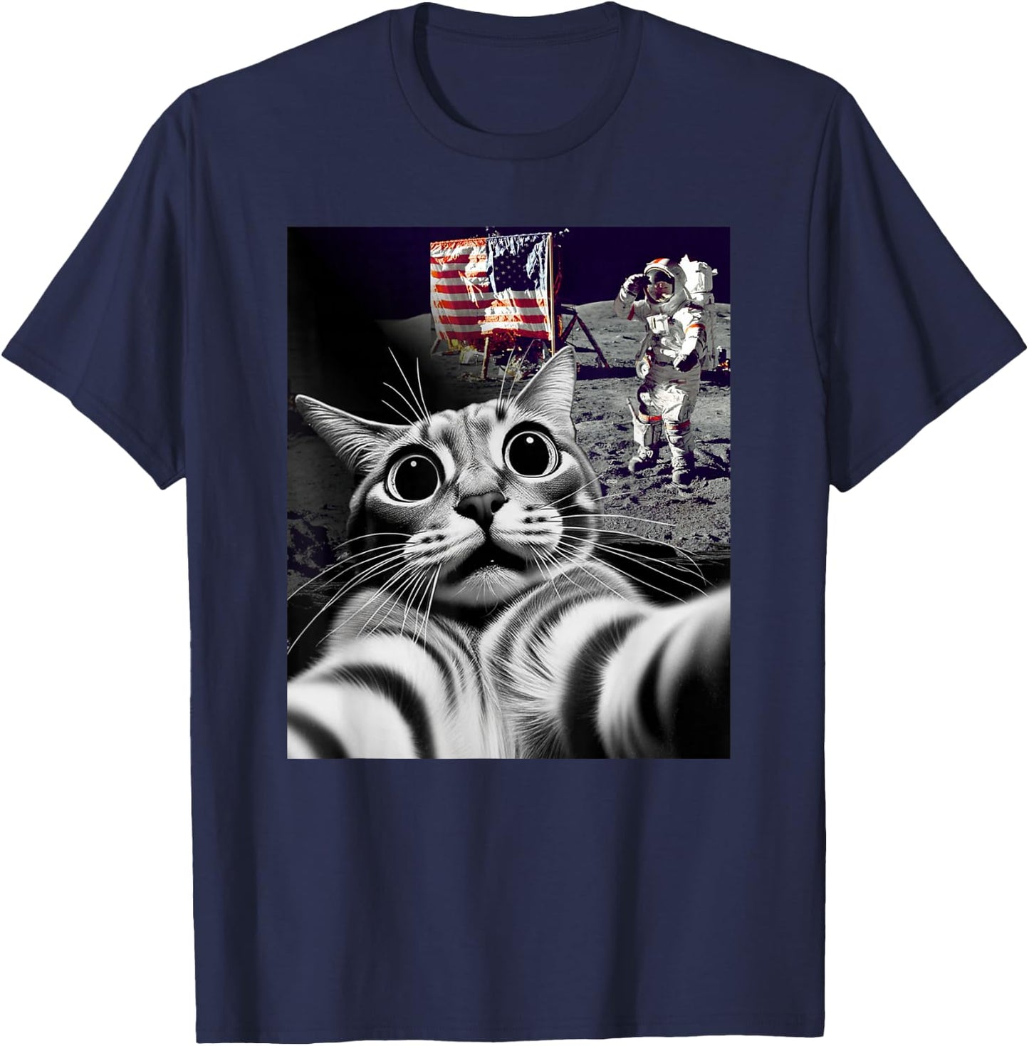 Funny Cat Takes Selfie Moon Landing Cat Selfie T-Shirt - T-Shirt | Navy