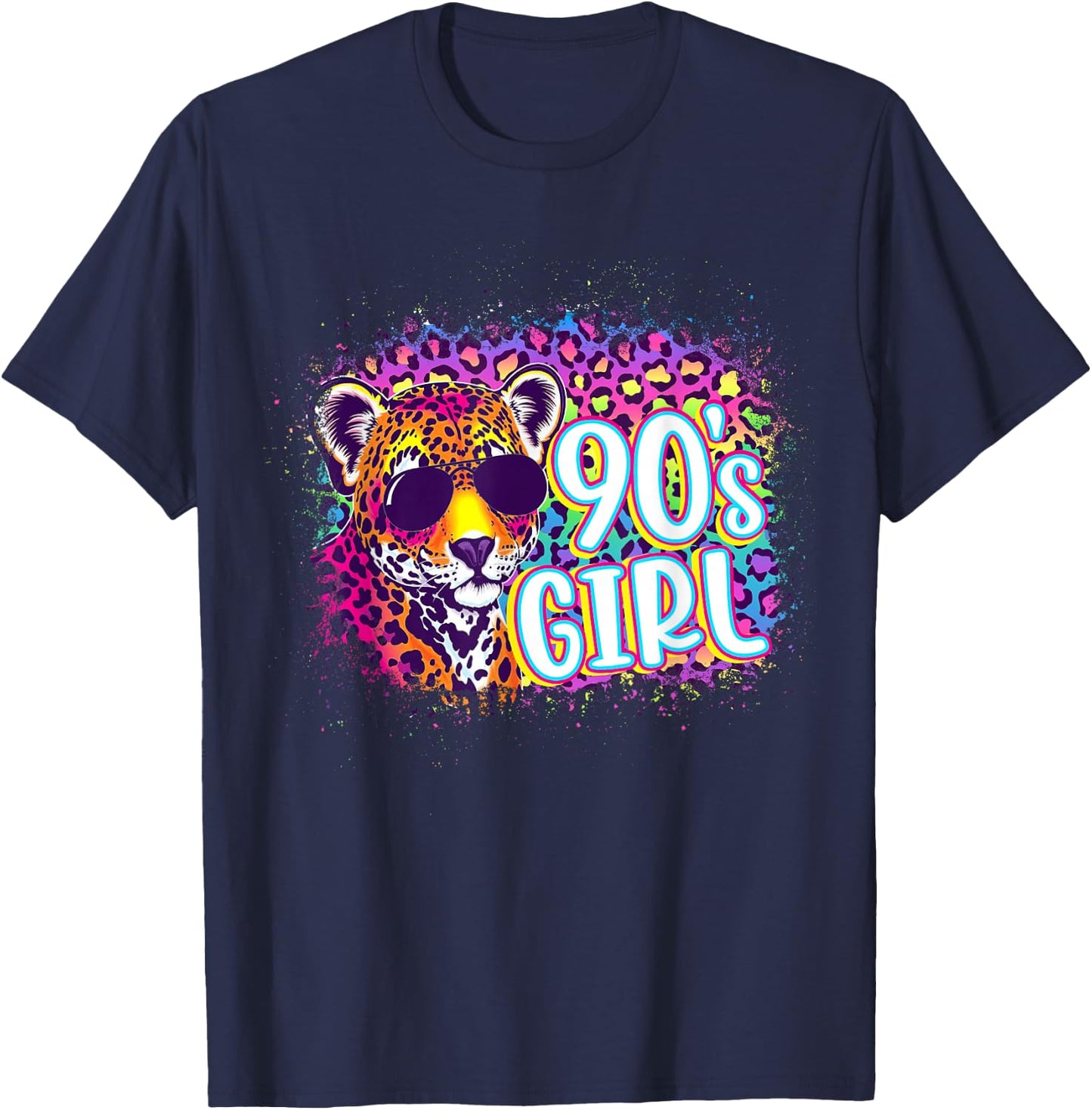 90's Girl Birthday Party Rainbow Leopard Print 1990s Women T-Shirt - T-Shirt | Navy