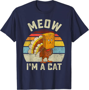 Thanksgiving Funny Turkey Fake Cat Retro Women Men Kids T-Shirt - T-Shirt | Navy
